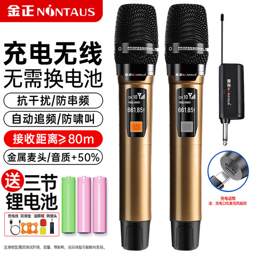Jinzheng Rechargeable Wireless Microphone Wireless Microphone One to Two K Song Professional Singing Handheld Microphone Universal Home KTV Audio Speaker Special Double OK-12S Gold