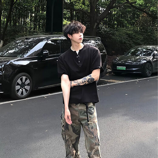 Black waffle henley collar short-sleeved men's handsome T-shirt American polo shirt cleanfit bottoming shirt floral gray upgraded model M M recommended 105-120Jin Jin equals 0.5 kg