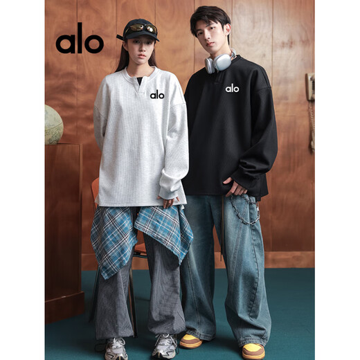 ALO YOGA brand light luxury henley collar long-sleeved men's autumn sweatshirt V-neck bottoming shirt white floral gray-same style for men and women S