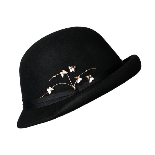 Lan Shimeng wearing top hat 2024 new butterfly embellished wool curled basin hat for women in autumn and winter, warm and fashionable, small fisherman hat with face, deep burgundy, one size fits all for adults (hidden adjustment 56-57.5cm)