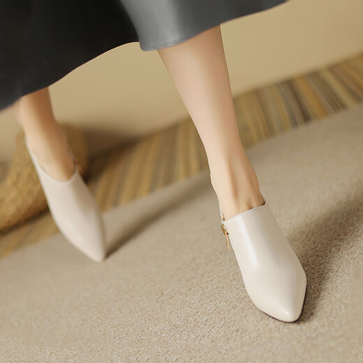 Belle French ankle boots for women spring and autumn single boots sheepskin winter pointed toe deep mouth high heels women's stiletto leather shallow mouth short boots white 35