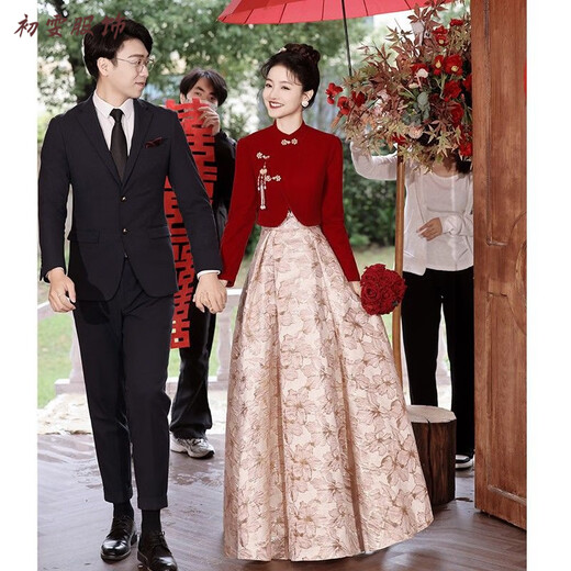 Meianjia new Chinese toasting dress bride's new red wedding engagement dress skirt women's winter long-sleeved winter wine red S