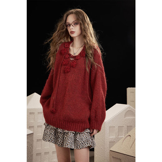 Fairy's Pocket Red Three-dimensional Rose V-neck Sweater Women's 2025 Autumn and Winter New Lazy Style Loose Top Rose Red M
