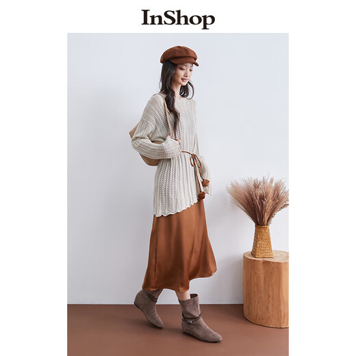 InShop mall same style new women's lazy style knitted sweater solid color simple suspender dress two-piece set red coffee M