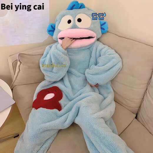 Big children's pajamas 12-15 years old female winter thickened big children's pajamas Lina Bell winter nightgown thickened warm student cute bathrobe Ugly fish Hanton funny plus velvet thickened long ugly fish jumpsuit S/M recommended height 150-165CM