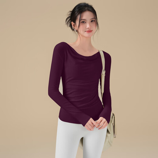 LULU CENTURY high-looking yoga wear top for women in autumn and winter with swing collar sports long-sleeved Pilates training fitness T-shirt beige straight shoulder swing collar / pleated waist S (recommended 80-95Jin Jin equals 0.5kg)