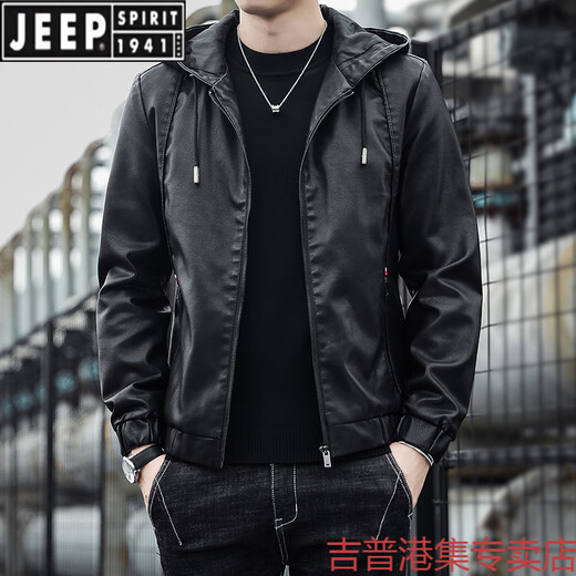 JEEP SPIRIT handsome leather jacket men's hooded slim fit trendy American retro 2025 new leather jacket autumn and winter motorcycle suit 2207 black 2XL