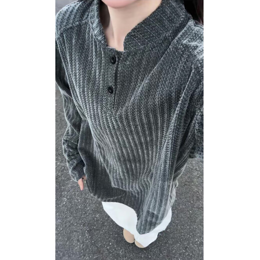 Sheman Lai herringbone pattern Henry collar sweatshirt men's autumn American style long-sleeved T-shirt men's inner layer POLO shirt base layer gray XL