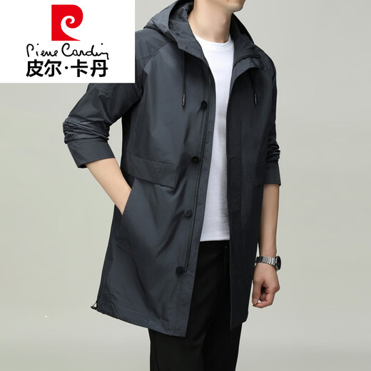 Pierre Cardin high-end mid-length windbreaker men's 2026 autumn new high-end trendy casual hooded jacket men's 192213 gray M 170
