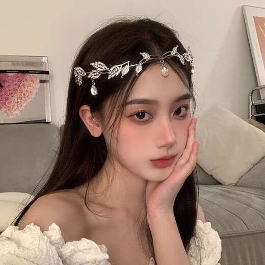 Crown forest style leaf water drop headband full of diamonds bride's forehead decoration super fairy on the run princess headband headband necklace Europe and America leaf water drop headband silver