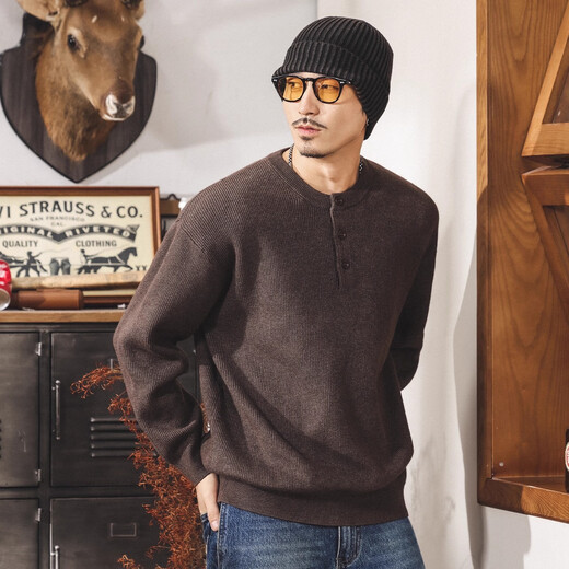 Jay Leno American retro lazy style Henry collar sweater men's autumn and winter new loose casual spring and autumn trendy brand men's sweater coffee 600g heavy XL suitable for 145-160Jin Jin equals 0.5 kg