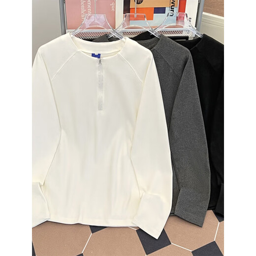 Jingyan Selects Spring and Autumn Henley Collar Sweatshirt Men's Loose Half-Zip Long Sleeve T-Shirt Trbottomyy American High White One Size M