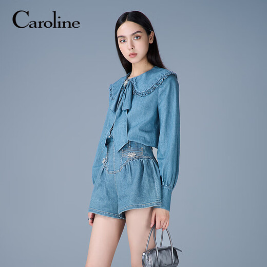 CAROLINE Tencel Cotton Denim Caroline 2025 Autumn New Doll Collar Shirt ERC4C02C Blue L
