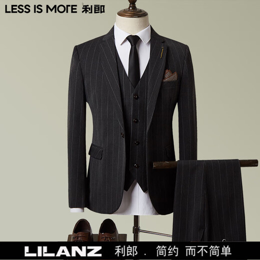 LESS IS MORE Lilang three-piece suit suit men's striped business formal wear Korean style trendy slim and handsome groom wedding dress official flagship black counter genuine M