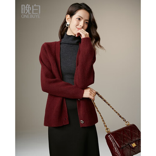 Late White New Product 2025 Winter Fashion Casual Chinese Red Sweater High Elastic Wool Knitted Cardigan Jacket for Women Burgundy M