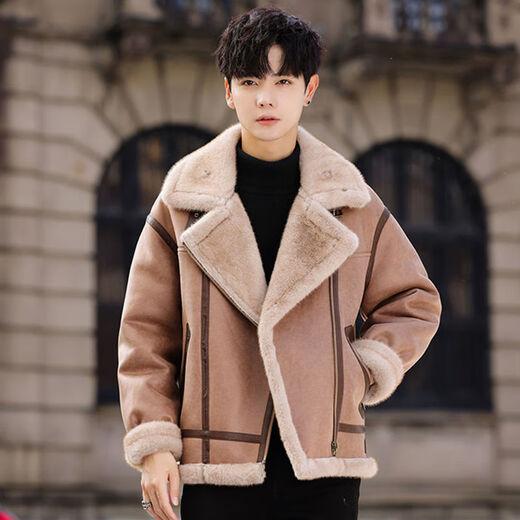 Falling fur all-in-one men's jacket plus velvet thickened leather jacket winter suede lambskin jacket large size couple motorcycle jacket light brown 3XL