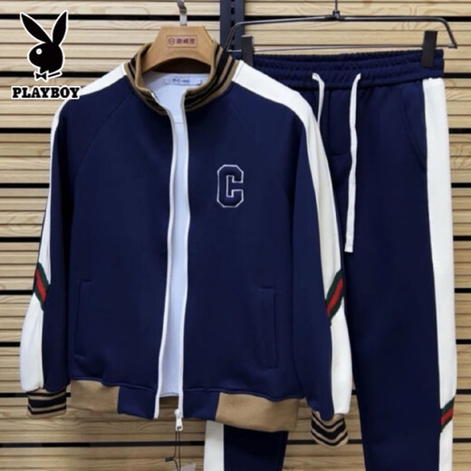 Playboy Spring and Autumn New Light Luxury Versatile Sports and Leisure Suit Men's Letter C Stand Collar Jacket Fashionable and Handsome Two-piece Set Black Complete Set 2XL 110-130Jin Jin is equal to 0.5 kg
