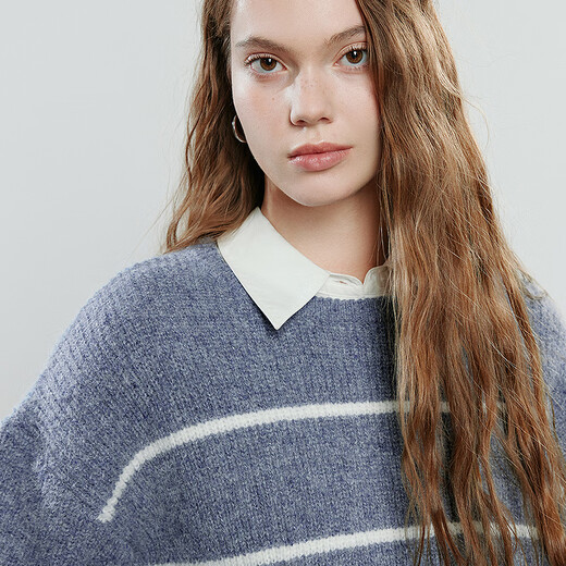 Chuyu sweater women's 2025 winter new style lazy striped round neck loose off-shoulder alpaca yarn slimming top light blue M