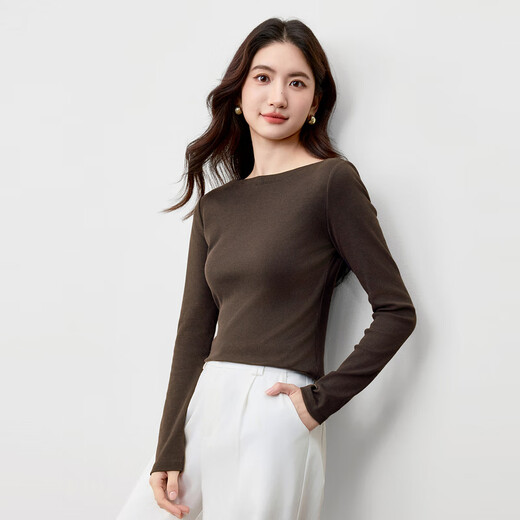 Shandubila one-line collar cotton bottoming shirt for women in autumn, slim-fitting elastic long-sleeved sweater with temperament pit strips and casual top
