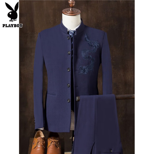 Playboy Chinese tunic suit for young men Chinese suit suit men Chinese stand collar casual jacket wedding dress two-piece trendy gray-TZ109 suit + pants XL 135Jin Jin equals 0.5 kg for inner wear