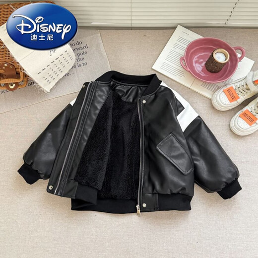 Disney children's leather jacket boys handsome motorcycle jacket baby spring new fleece top leather jacket black fleece 90 cm