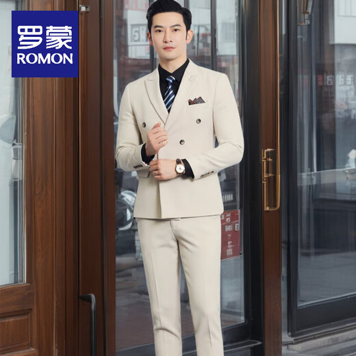 ROMON double-breasted suit suit men's fashion versatile business slim wedding groomsmen dress two-piece suit jacket dark gray two-piece suit + trousers 2XL 135-150Jin Jin equals 0.5 kg