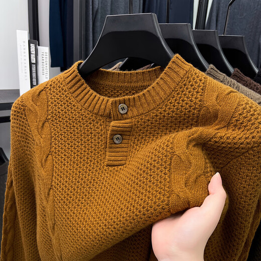 EMZ Ordos men's thick woolen sweater Henry collar button autumn and winter young and middle-aged stand collar casual sweater wool pine gray brown S 165