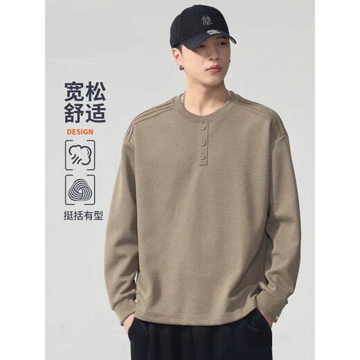 YISHION Henry collar sweatshirt men's autumn and winter plus velvet style 2025 new spring and autumn style long-sleeved T-shirt men's base layer 2811-1 light coffee plus velvet M 90-105Jin Jin is equal to 0.5 kg