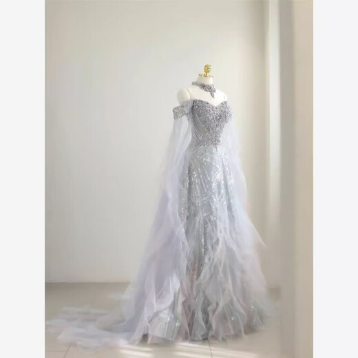 High-end banquet evening dress female fairy princess dress 2025 new adult ceremony 18th birthday performance host silver XS