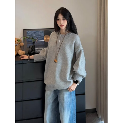 XUANSENTU (XUANSENTU) American retro Henry collar sweater, lazy and relaxed, soft and waxy sweater for men and women, autumn and winter Korean style top, trendy, light gray, upgraded fabric M