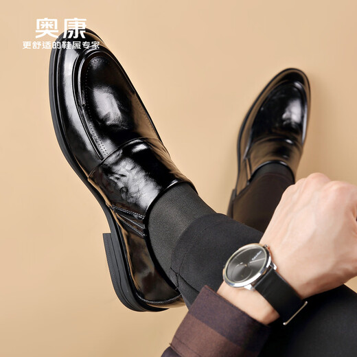 Aokang men's shoes autumn genuine leather top layer cowhide business formal casual leather shoes men's derby commuting shoes groom's wedding shoes 1255211096R style black 41 (255mm)