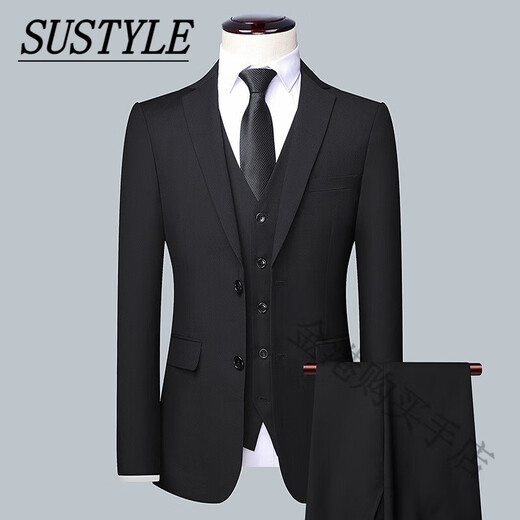 SUSTYLE international luxury brand suit suit men's three-piece business casual suit professional formal dress black (three-piece suit) 4XL
