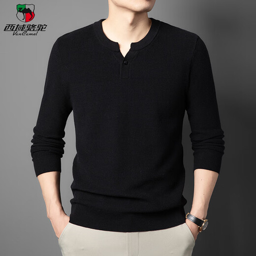 Western Camel (VANCAMEL) high-end pure cotton Henry collar men's sweater thickened autumn and winter new solid color anti-pilling pullover bottoming trendy long-sleeved black 4XL