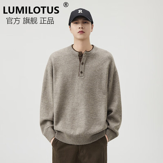 LUMILOTUS light luxury new brand classic retro Henry collar American style sweater for men 2025 new autumn and winter casual and warm brown M suitable for 110-130Jin Jin is equal to 0.5 kg