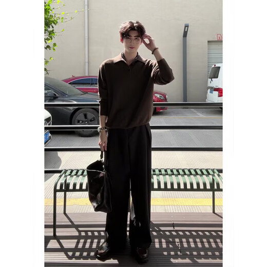 Brown Henry collar knitted Polo shirt for men, autumn style loose wide-leg trousers suit, light gray knitted sweater, upgraded version 2XL