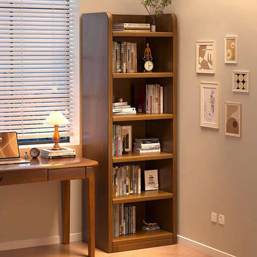 实木飘窗书架美式转角收纳柜靠墙储物窄立柜子落地置物架学生书柜 全实木-松木六层60x24x167点2cm胡桃色送防倾倒装置