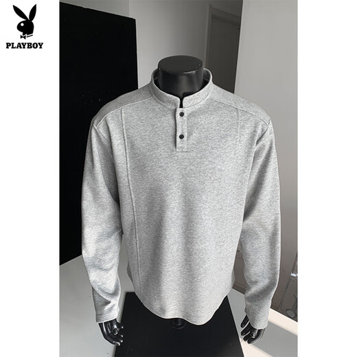 Playboy right shoulder sweatshirt cleanfit high-end pure white henley collar long-sleeved t-shirt men's autumn American style bottoming shirt white custom style M