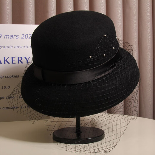 Hanqing Zhongxia Hepburn style elegant mesh wool fisherman hat women's autumn and winter French retro fashion basin hat temperament lady hat black 5 small pearl mesh wool lampshade basin hat m (56-58cm) adjustable