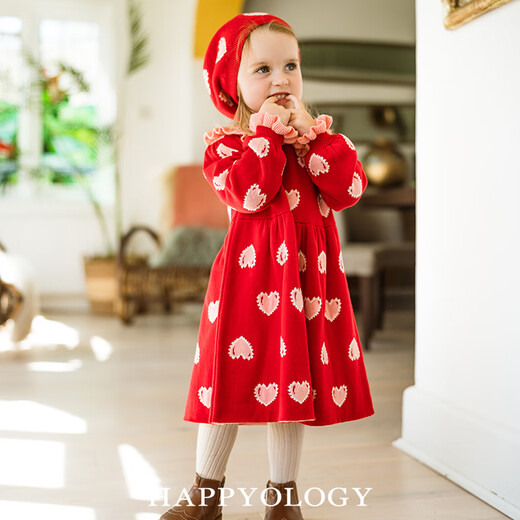 Happyology British children's autumn and winter new skirt girl's love woolen ruffled jacquard dress princess red 92 (92cm)