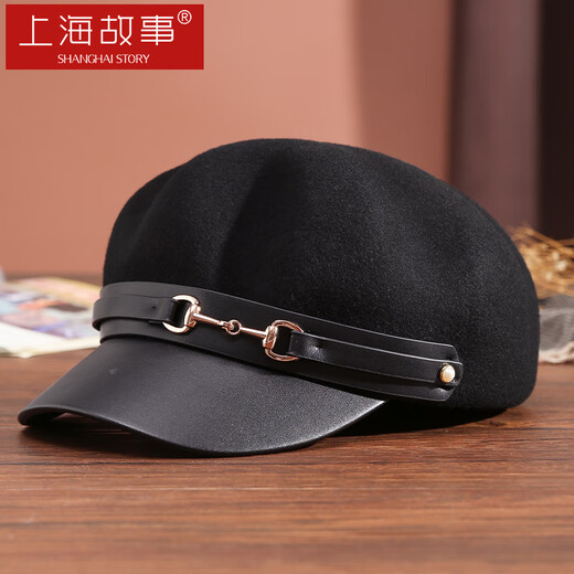 Shanghai Story Women's 100% wool woolen hat autumn and winter newsboy hat thickened and warm as a birthday gift, black