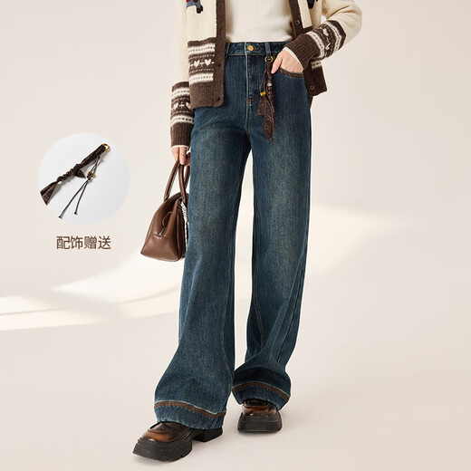 Xiangying plus velvet retro bootcut jeans for women 2025 winter new style denim style high waist loose wide leg pants denim blue S 155/80A/85-95Jin Jin equals 0.5 kg