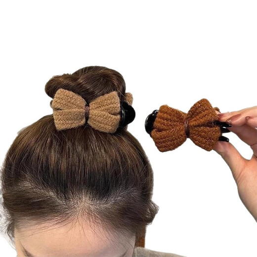 Maillard Knitted Bow Ball Head Clip Women's Hair Clip Hair Ornament Hair Artifact Fixed Claw Clip Hair Clip Maillard Dark Brown Wool Clip 1
