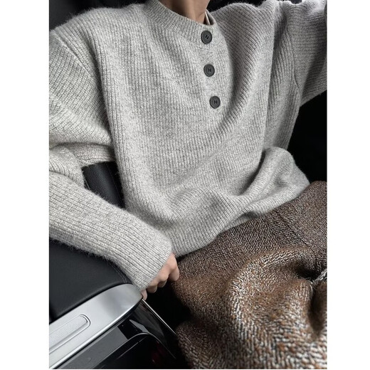 Autumn and winter fashion cleanf single-breasted sweater men's fashion lazy style Henry collar sweater loose jacket gray M