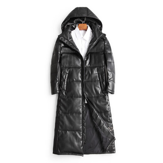 MAGIOPY extra long over-the-knee leather jacket for men, sheepskin jacket, hooded leather windbreaker, fur collar, thickened genuine leather jacket, winter trendy jacket, international light luxury black M
