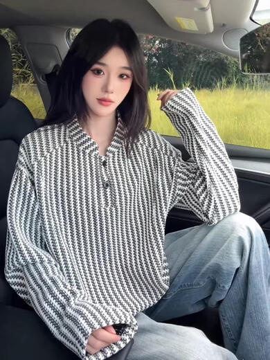 Feimaibo herringbone pattern American Henry collar sweatshirt for men in autumn heavy houndstooth long-sleeved T-shirt with bottoming shirt for men white M M recommended 105-120 Jin Jin equals 0.5 kg