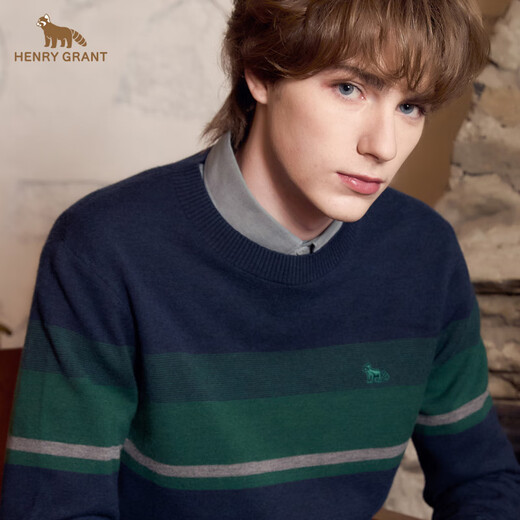 HENRY GRANT Henry Grant Men's Shirt Round Neck Standard Knitted Pullover Thick Regular Stripe Contrast Color Autumn and Winter Navy (QBY243040U111) One Size 46 (170/92A)