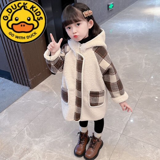 G.DUCKKIDS女宝宝毛呢外套秋冬款2025新款洋气儿童装加厚大衣女童冬装中长款 卡其色加厚夹棉 100适合身高90-100cm年龄3-4周岁