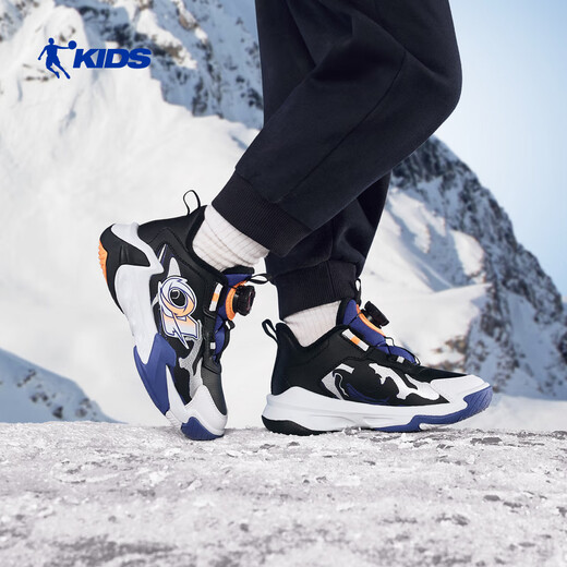 Jordan boys' velvet basketball shoes children's cotton shoes winter leather sports shoes black/misty blue 32