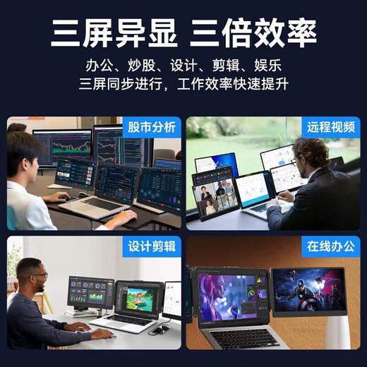 HBOB笔记本便携式显示器外接扩展屏炒股专用电脑多屏一体机14寸15.6寸拓展屏分双屏幕三联折叠副屏 14.0