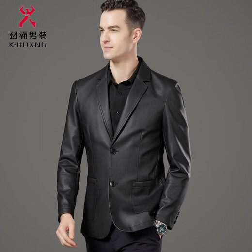 Jinba Spring and Autumn New Men's Genuine Leather Suit Business Casual Suit Collar Leather Jacket Middle-aged Dad Sheepskin 8557 Black M 170/48